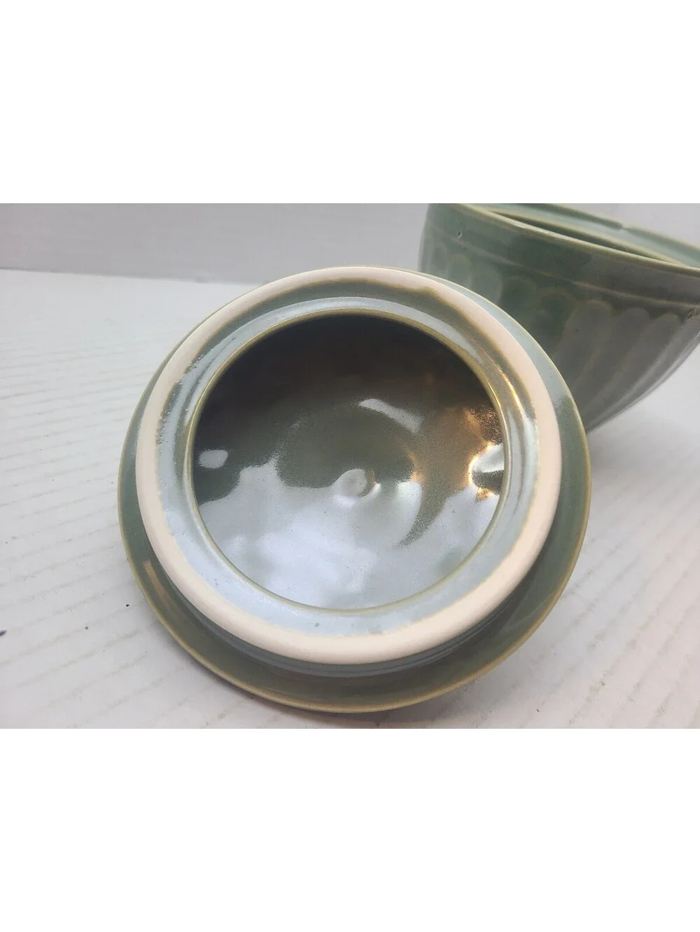 Coventry Parthenon Sage Green Stoneware Vintage Sugar Bowl w/ Lid Greek Revival